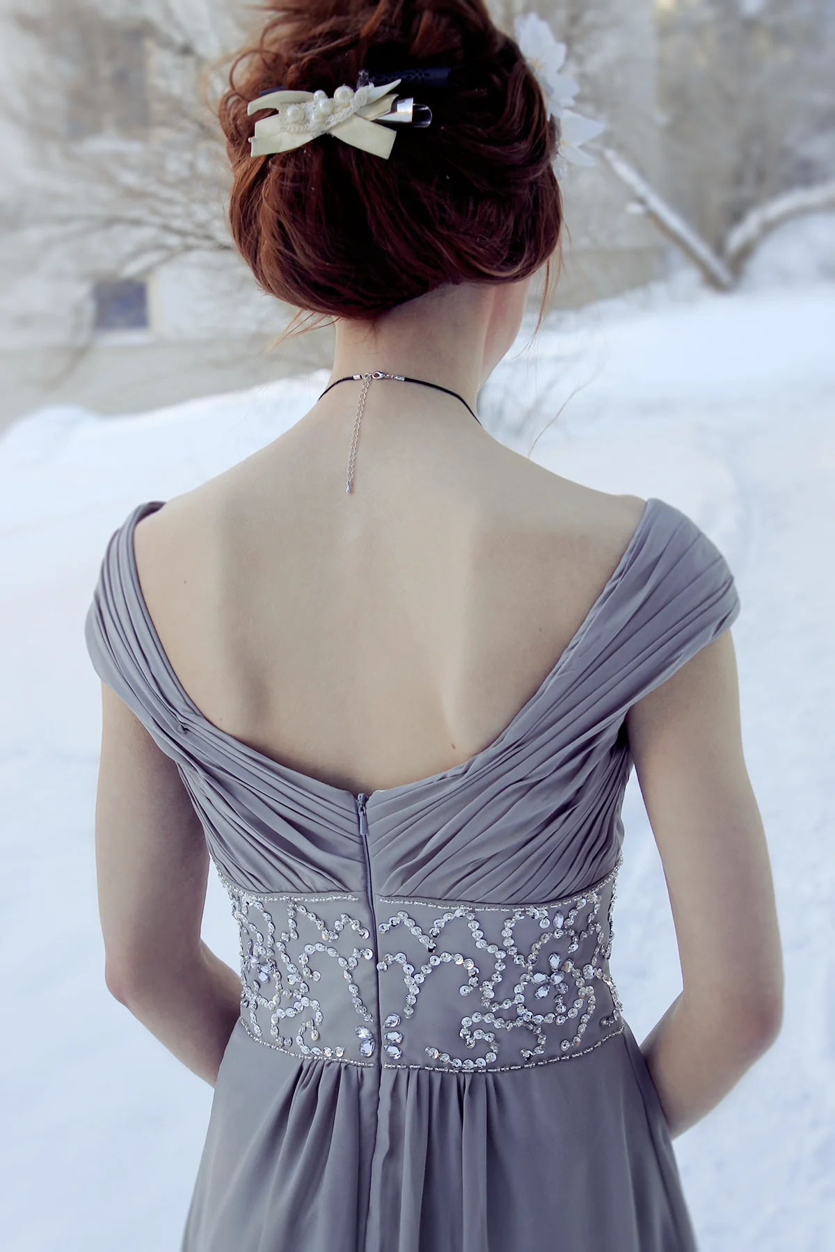 A-line Off-the-shoulder Floor Length Chiffon Beading Evening Dress - Image 4