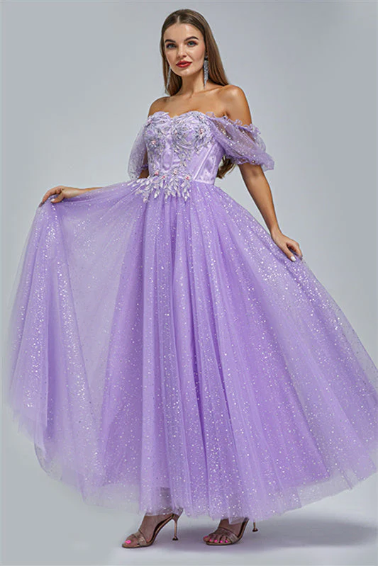 Off-the-shoulder Lace Applique Ankle Length Backless Vintage Beautiful Ball Gown Prom Dress - Image 11
