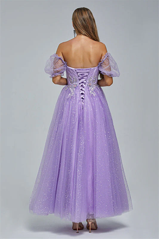 Off-the-shoulder Lace Applique Ankle Length Backless Vintage Beautiful Ball Gown Prom Dress - Image 12