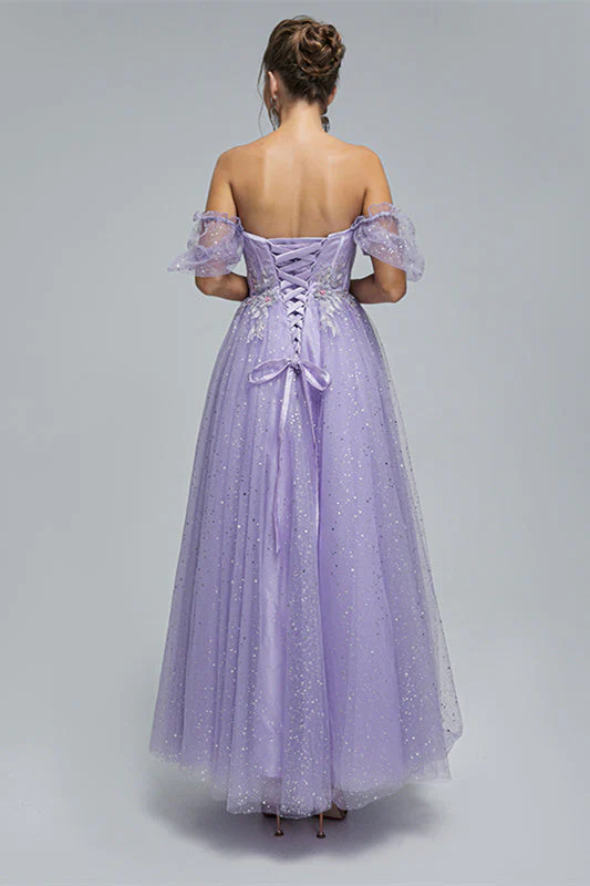 Off-the-shoulder Lace Applique Ankle Length Backless Vintage Beautiful Ball Gown Prom Dress - Image 3