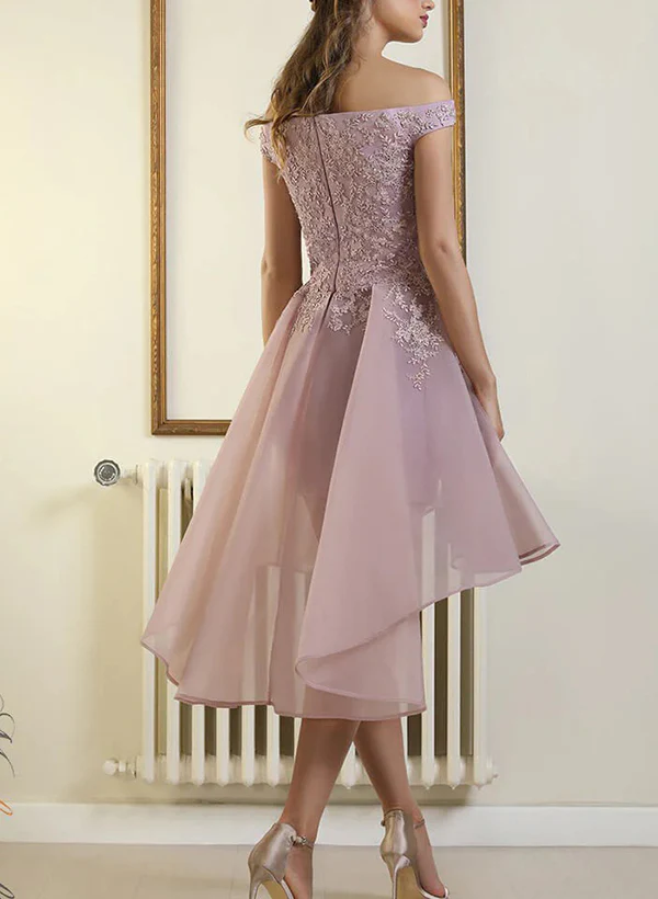 A-Line Off-The-Shoulder Satin/Tulle Homecoming Dresses With Cascading Ruffles - Image 2