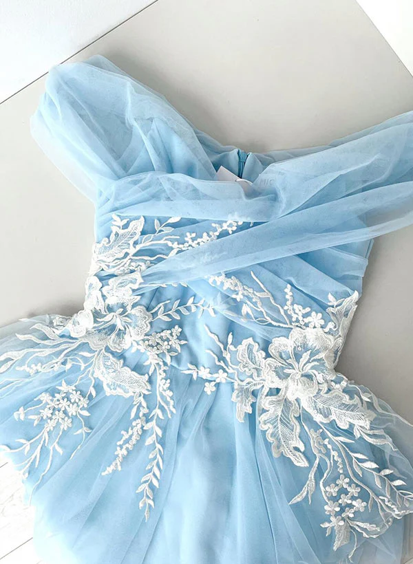 A-Line Off-The-Shoulder Short/Mini Tulle Homecoming Dresses With Appliques Lace - Image 2