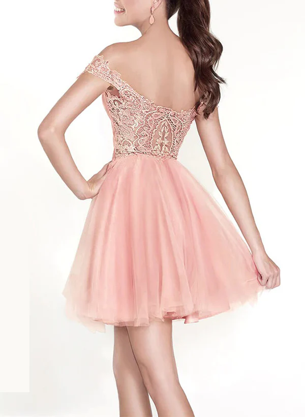 A-Line Off-The-Shoulder Short/Mini Tulle Homecoming Dresses With Appliques Lace - Image 2