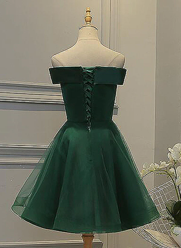 A-line Off-the-Shoulder  short sleeves Tulle Satin Short/Mini Homecoming Dress With Appliques Lace Beading - Image 2