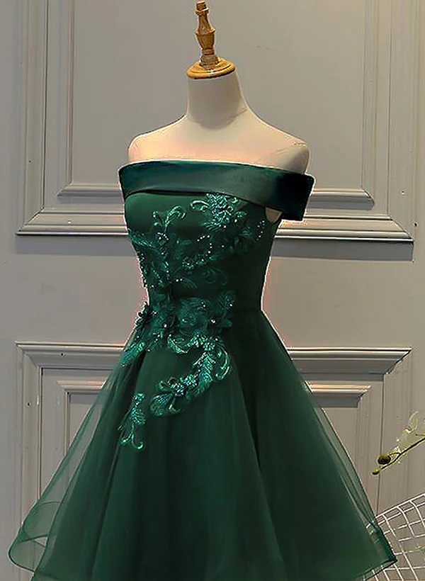 A-line Off-the-Shoulder  short sleeves Tulle Satin Short/Mini Homecoming Dress With Appliques Lace Beading - Image 3