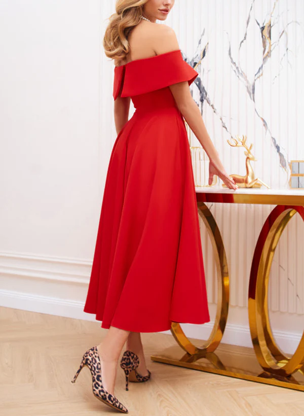 A-Line Off-The-Shoulder Sleeveless Elastic Satin Homecoming Dresses - Image 2