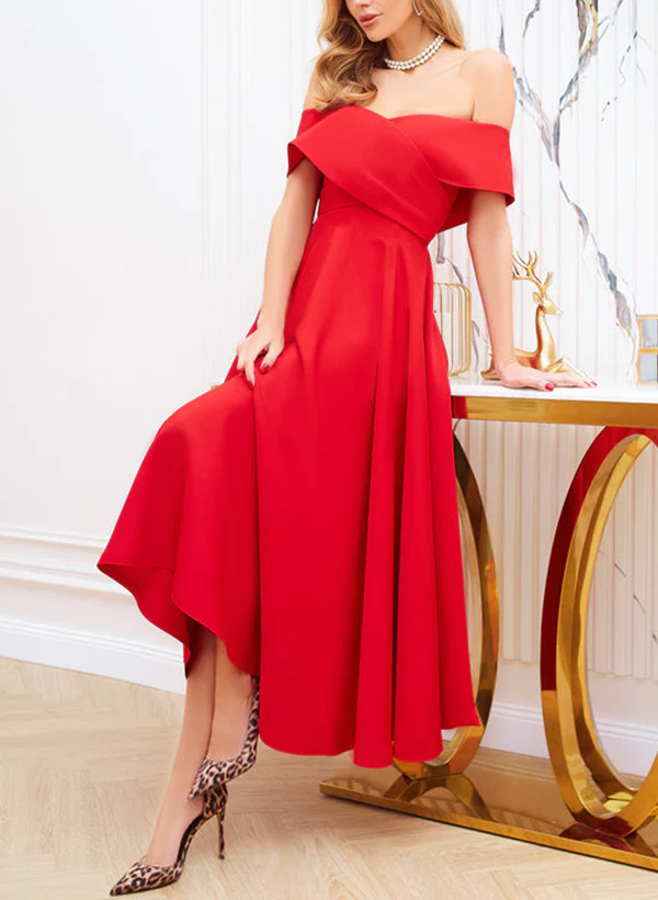 A-Line Off-The-Shoulder Sleeveless Elastic Satin Homecoming Dresses - Image 3