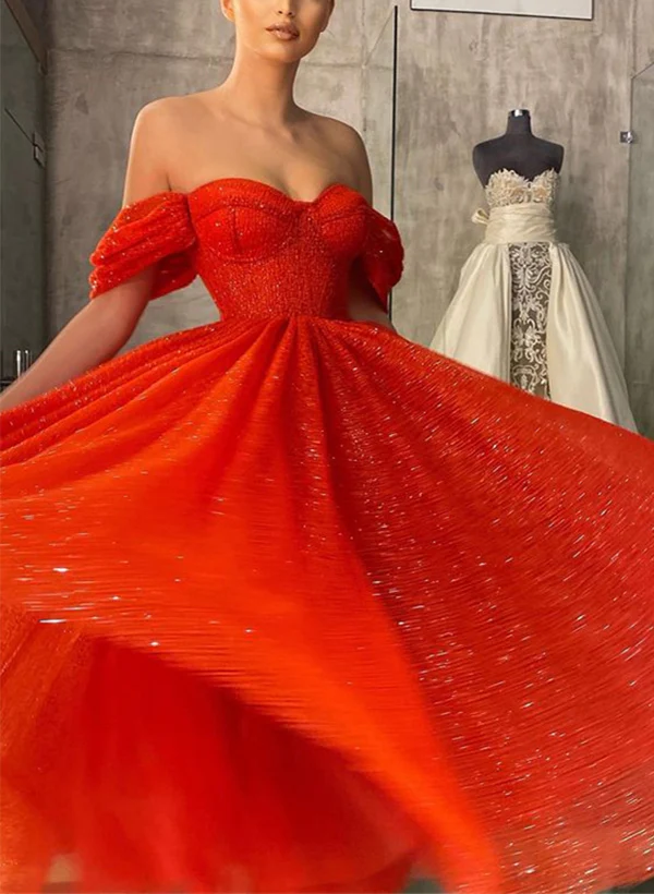 A-Line Off-The-Shoulder Sleeveless Tea-Length Homecoming Dresses - Image 2