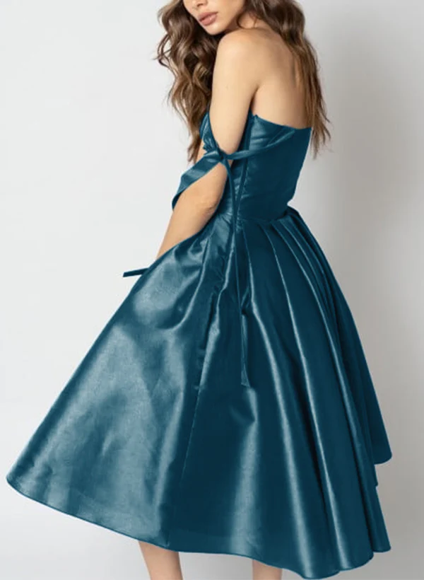 A-Line Off-The-Shoulder Sleeveless Tea-Length Satin Homecoming Dresses - Image 2