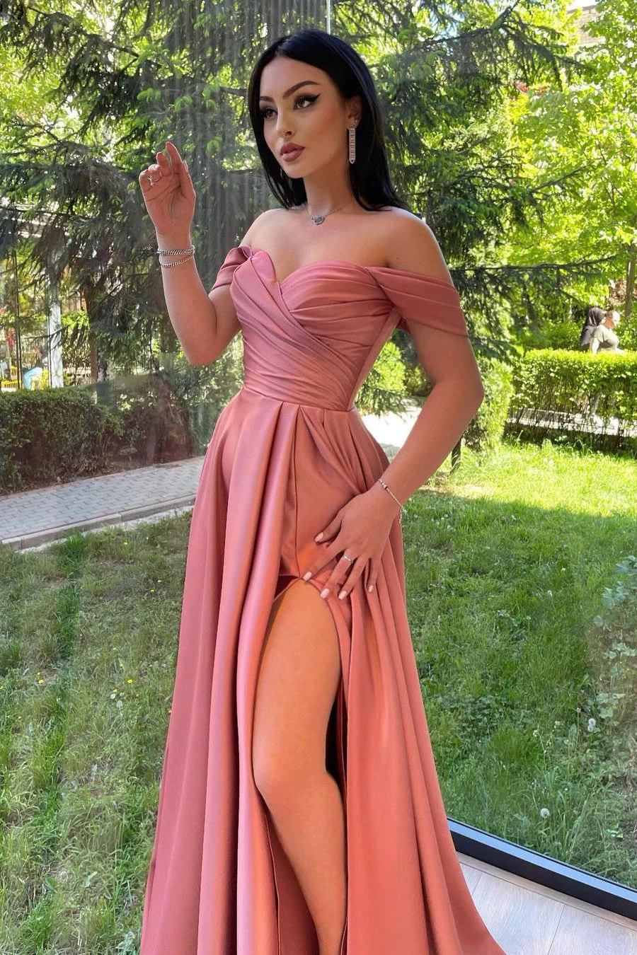 A-line Off-the-shoulder Sweetheart High Split Floor-length Open Back Prom Dress - Image 2