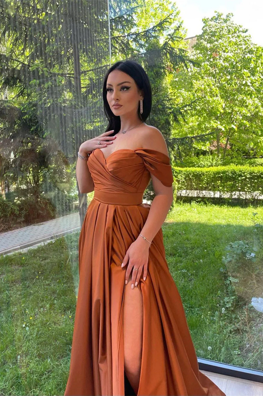 A-line Off-the-shoulder Sweetheart High Split Floor-length Open Back Prom Dress - Image 6