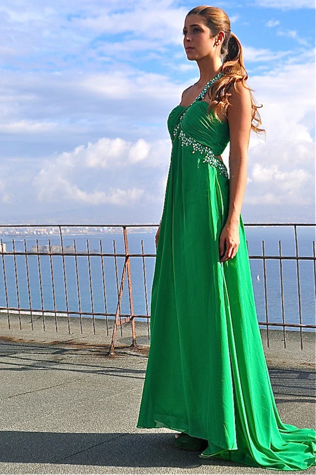 A-line One-shoulder Floor Length Chiffon Applique Backless Evening Dress - Image 3