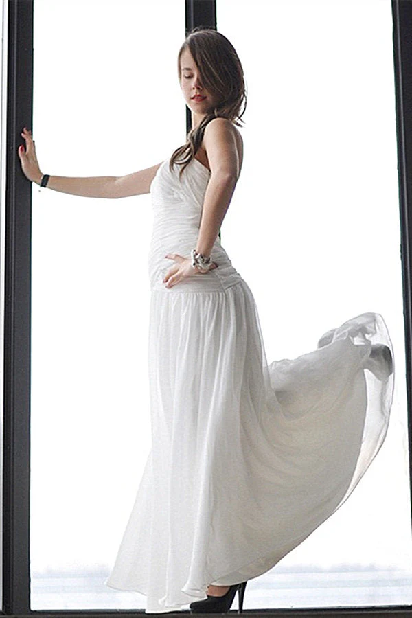 A-line One-shoulder Floor Length Chiffon Backless Wedding Dress - Image 12