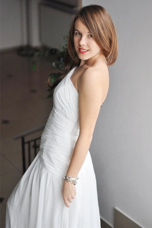 A-line One-shoulder Floor Length Chiffon Backless Wedding Dress - Image 8