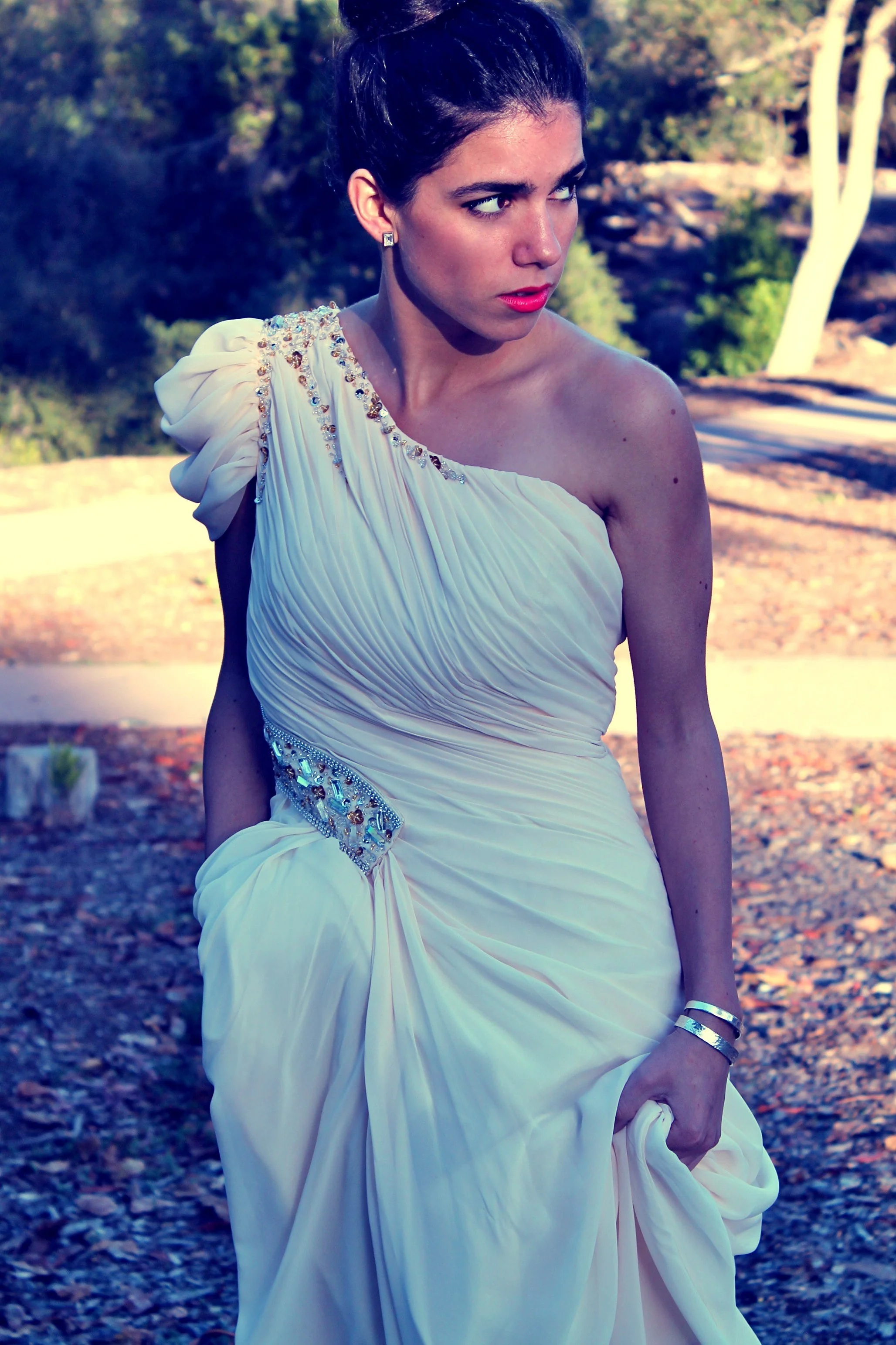 A-line One-shoulder Floor Length Chiffon Beaded Short Sleeve Prom Dress - Image 6