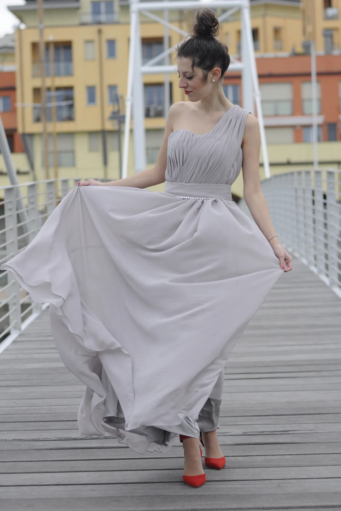 A-line One-shoulder Floor Length Chiffon Evening Dress - Image 4