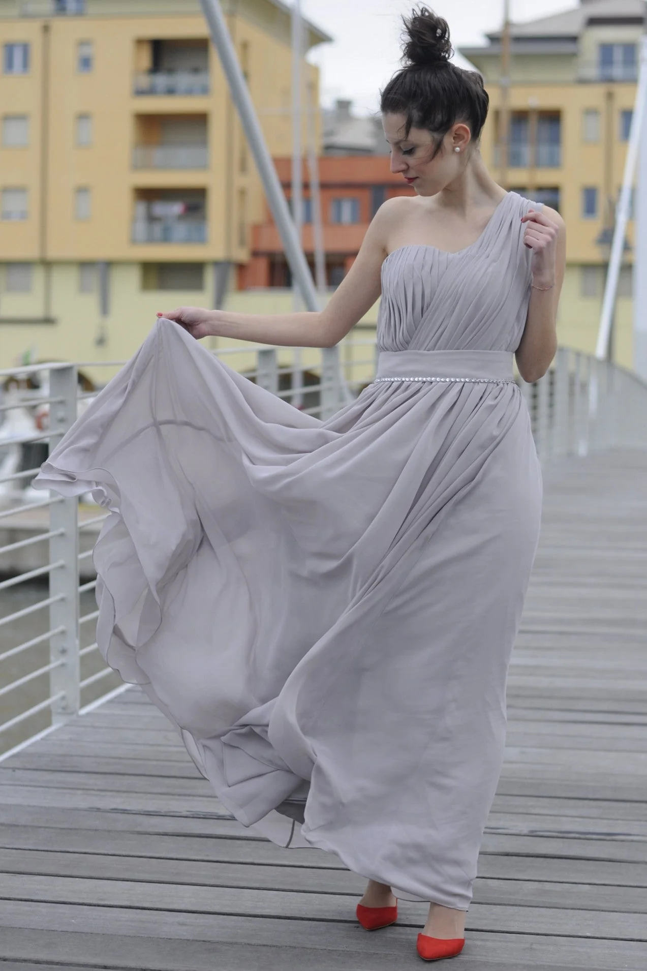 A-line One-shoulder Floor Length Chiffon Evening Dress - Image 5