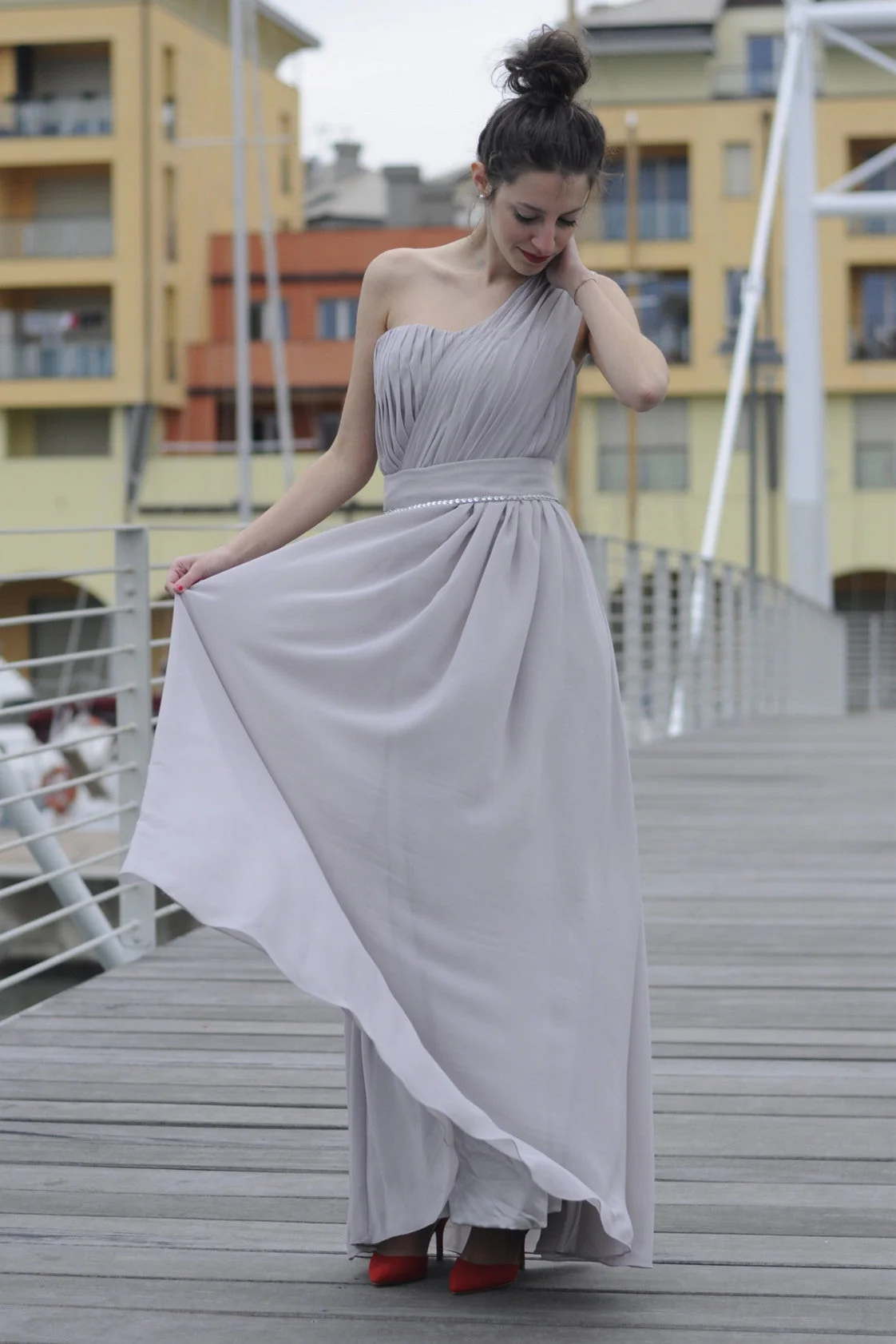A-line One-shoulder Floor Length Chiffon Evening Dress - Image 6