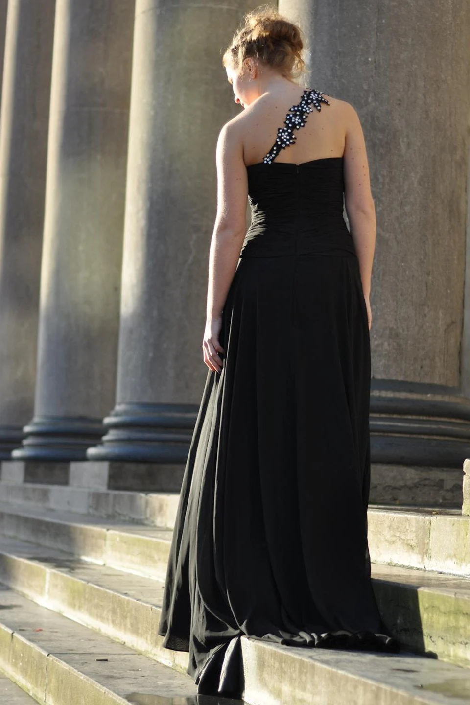 A-line One-shoulder Floor Length Chiffon Front Slit Rhinestone Prom Dress - Image 2