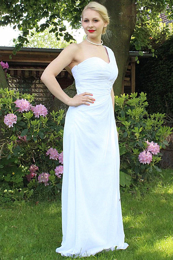 A-line One-shoulder Floor Length Chiffon Front Slit Rhinestone Prom Dress - Image 3
