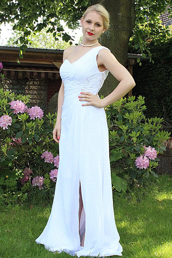 A-line One-shoulder Floor Length Chiffon Front Slit Rhinestone Prom Dress - Image 4