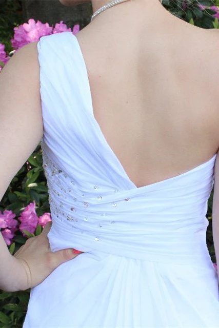 A-line One-shoulder Floor Length Chiffon Front Slit Rhinestone Prom Dress - Image 8