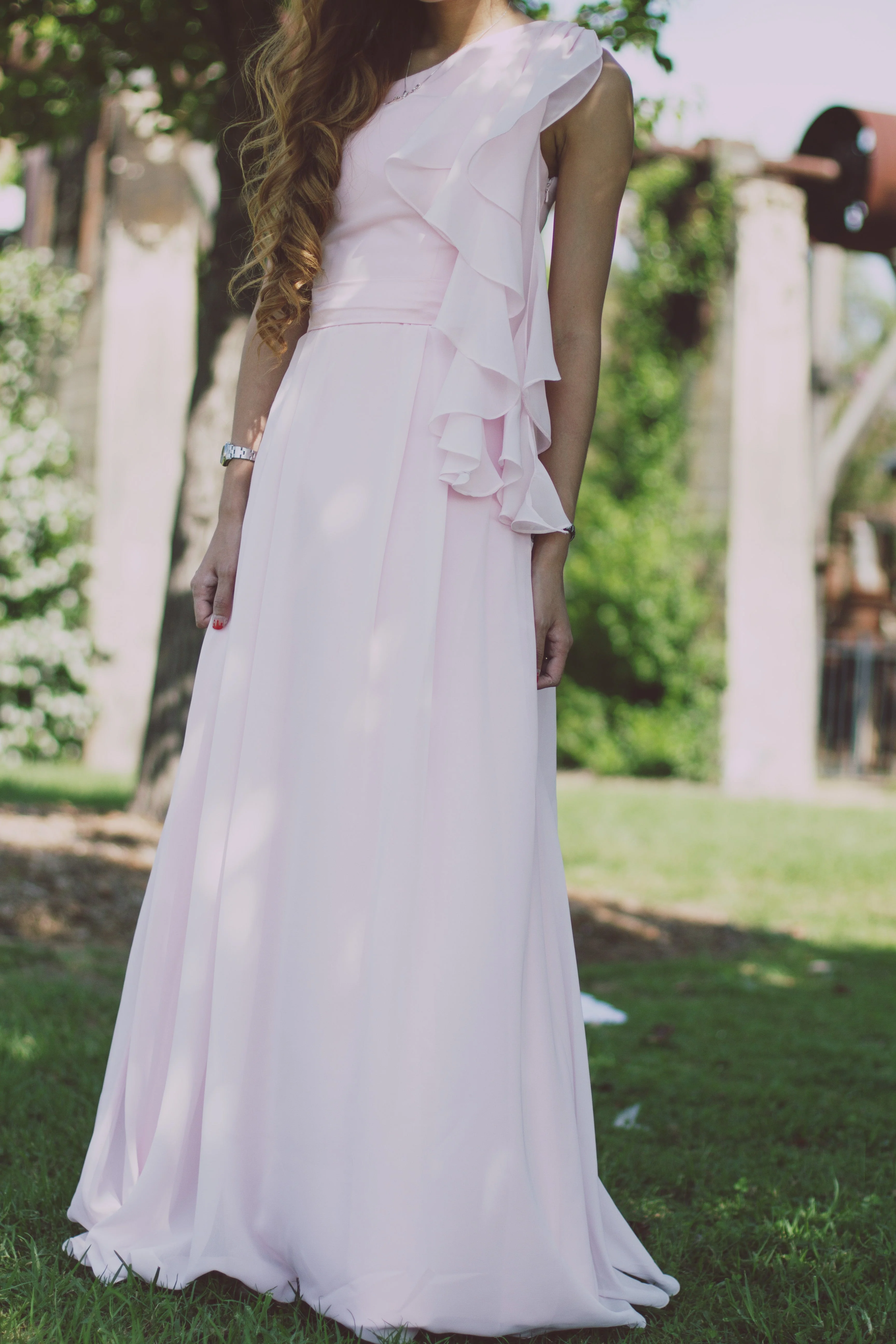 A-line One-shoulder Floor Length Chiffon Hanging Ribbon Prom Dress - Image 4