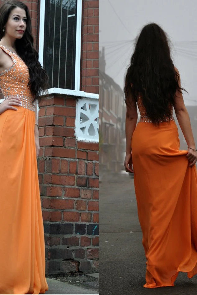 A-line One-shoulder Floor Length Chiffon Rhinestone Prom Dress - Image 6