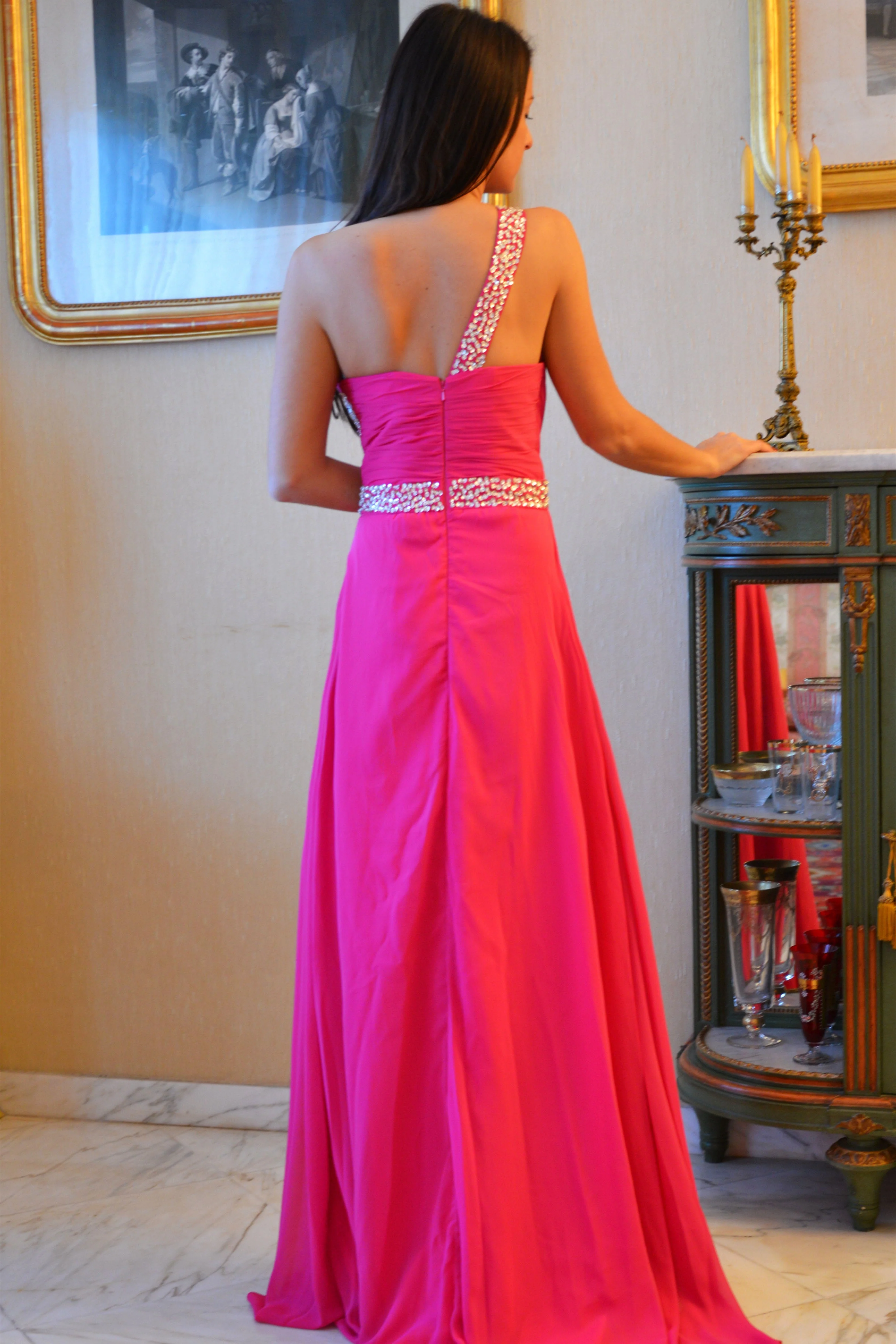 A-line One-shoulder Floor Length Chiffon Rhinestone Prom Dress - Image 2