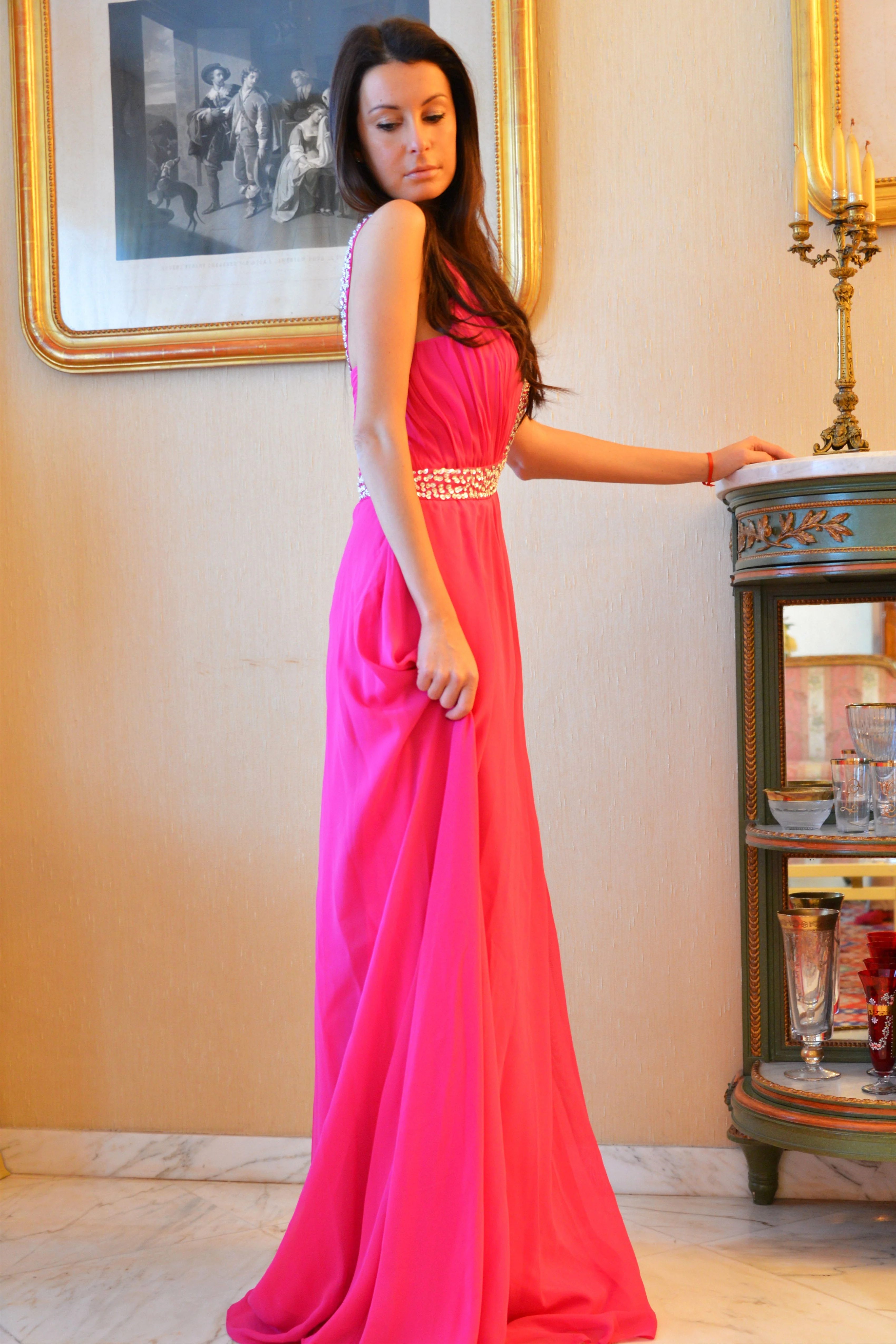 A-line One-shoulder Floor Length Chiffon Rhinestone Prom Dress - Image 3