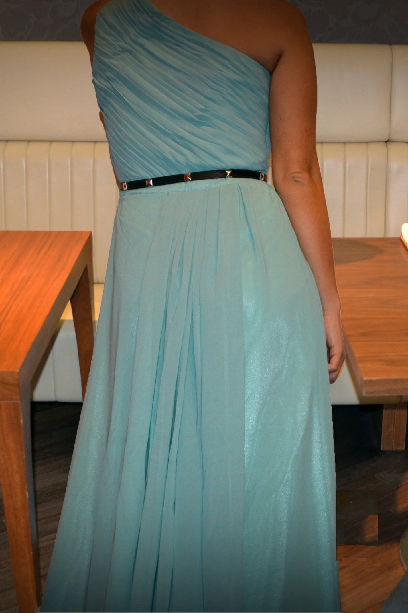 A-line One Shoulder Floor Length Sleeveless Chiffon Evening Dress - Image 3