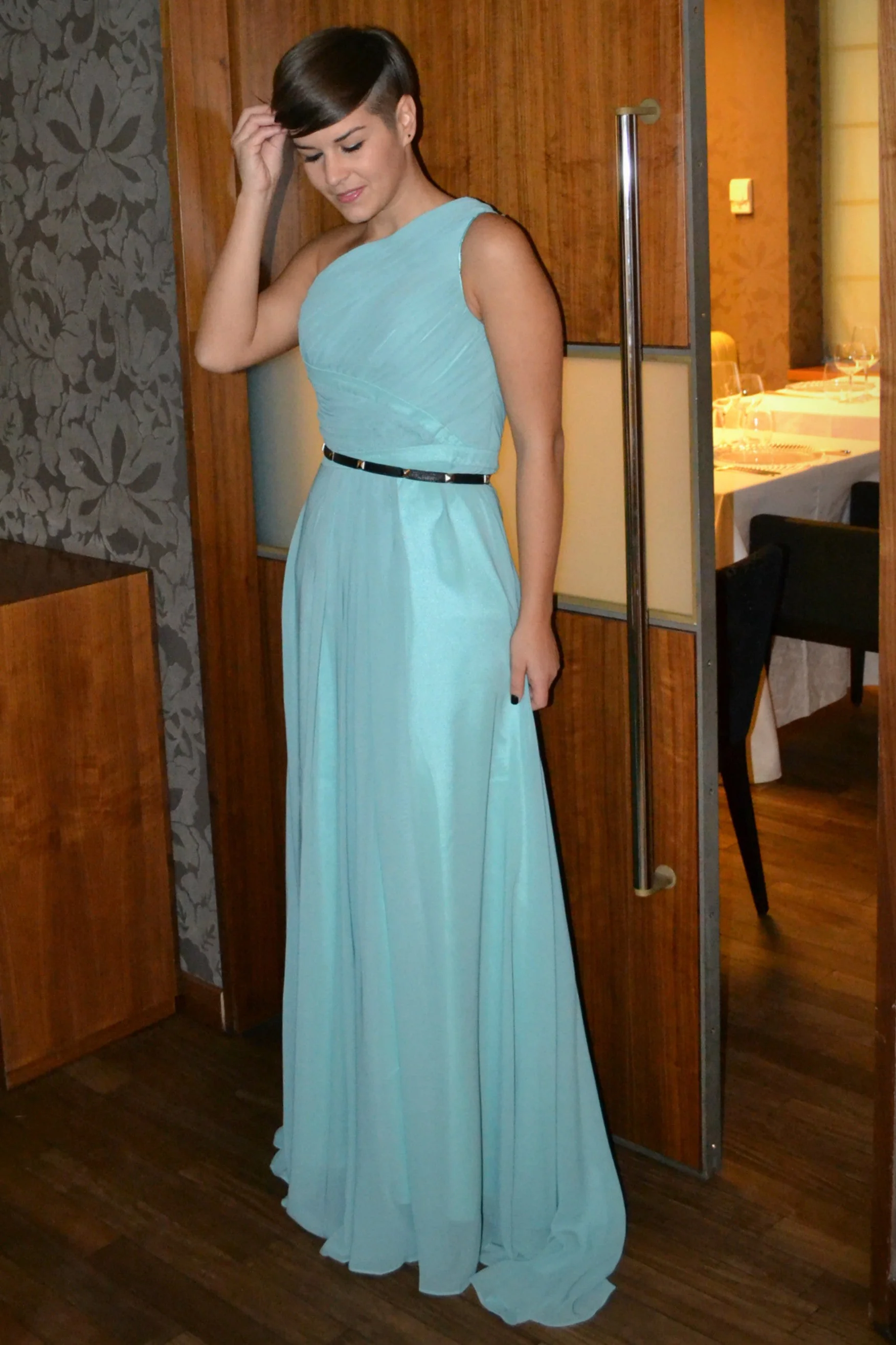 A-line One Shoulder Floor Length Sleeveless Chiffon Evening Dress - Image 7