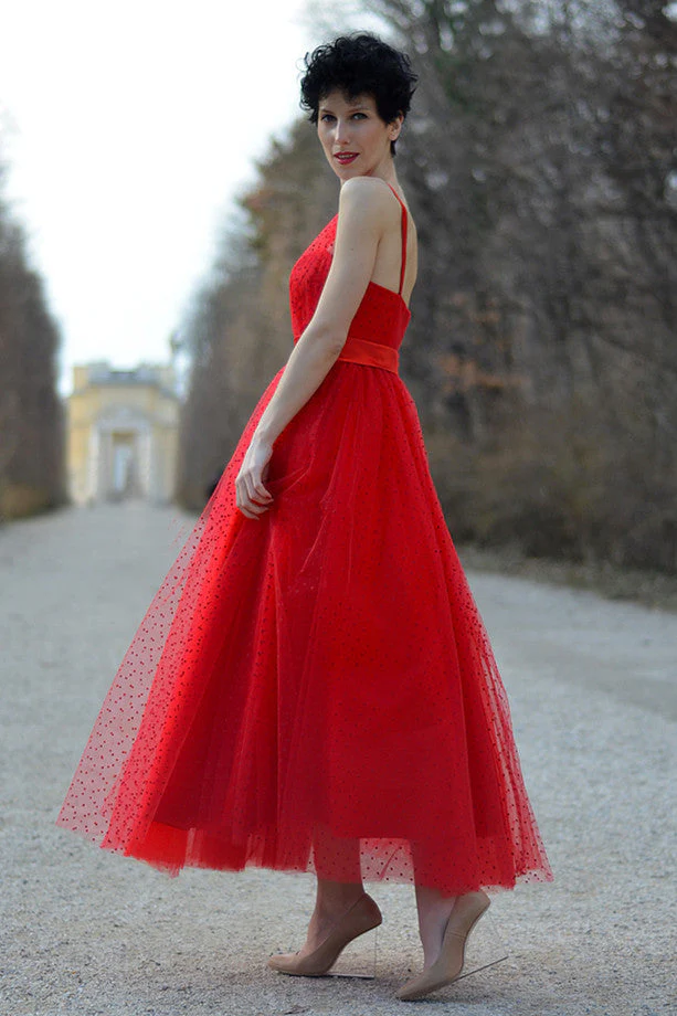 A-line One-shoulder Floor Length Sleeveless Tulle Evening Dress - Image 2