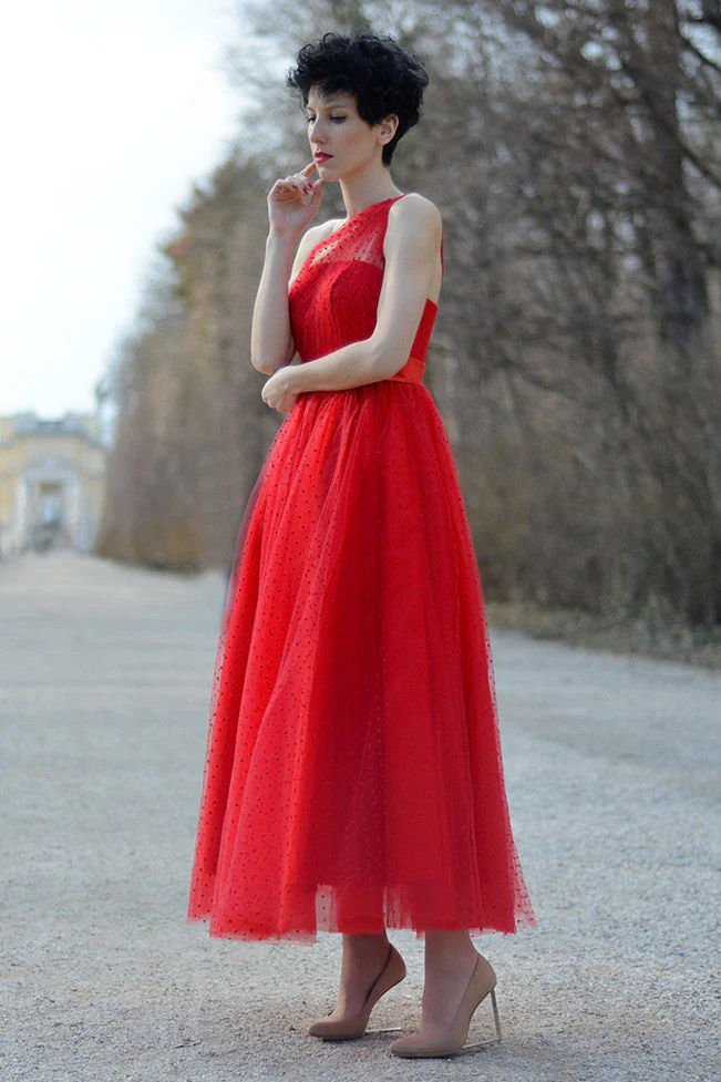 A-line One-shoulder Floor Length Sleeveless Tulle Evening Dress - Image 3