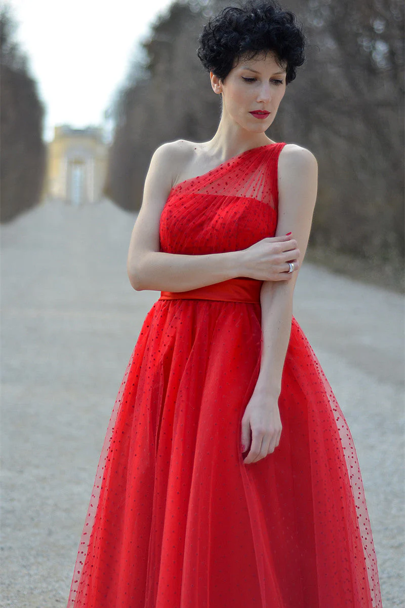 A-line One-shoulder Floor Length Sleeveless Tulle Evening Dress - Image 4