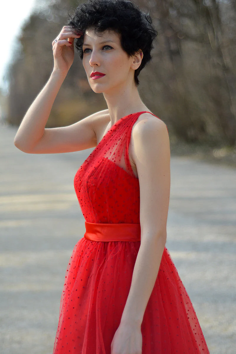 A-line One-shoulder Floor Length Sleeveless Tulle Evening Dress - Image 7