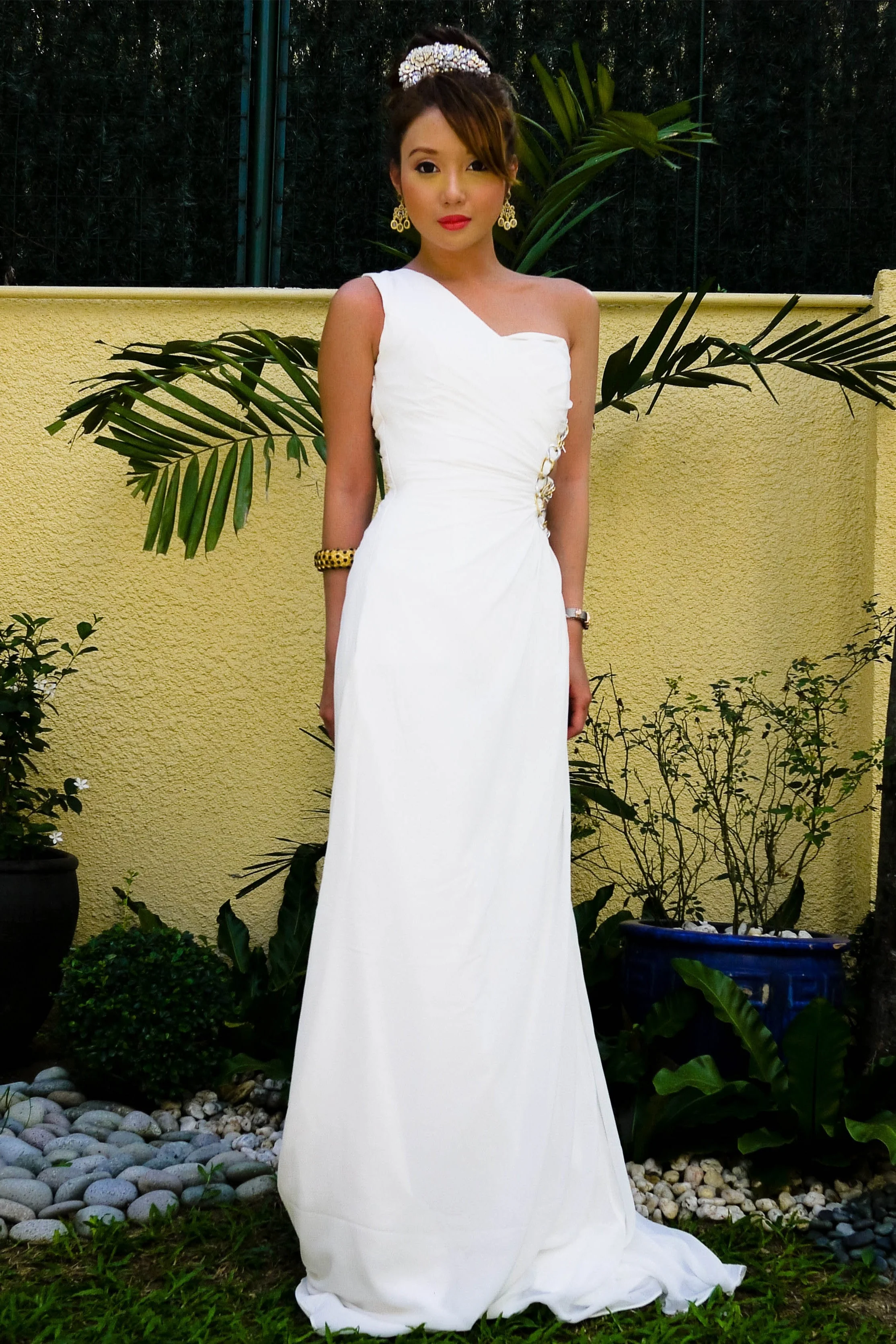 A-line One-shoulder Irregular Waist Floor Length Chiffon Metal Ring Evening Dress - Image 5