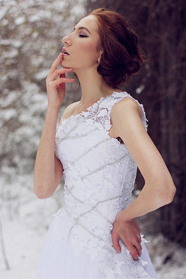 A-line One-shoulder Knee Length Tulle Lace Applique Prom Dress - Image 3