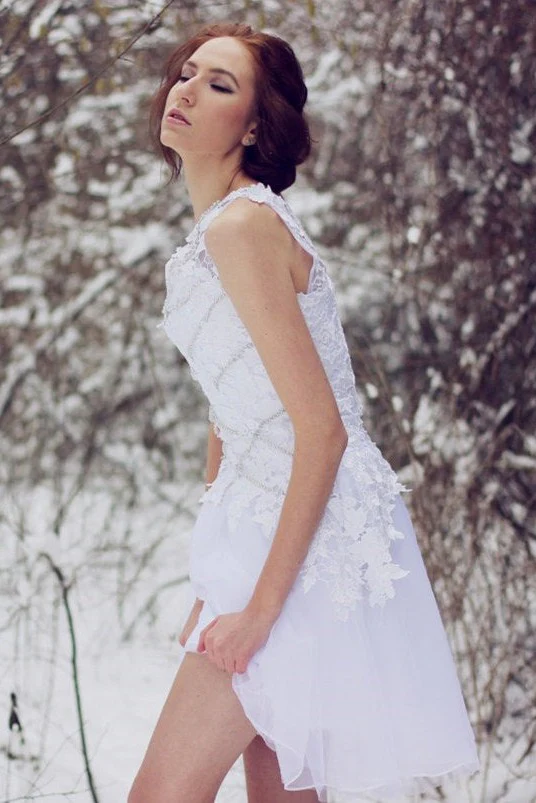 A-line One-shoulder Knee Length Tulle Lace Applique Prom Dress - Image 4