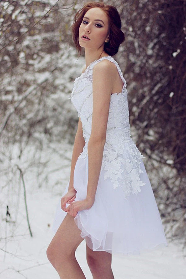 A-line One-shoulder Knee Length Tulle Lace Applique Prom Dress - Image 5