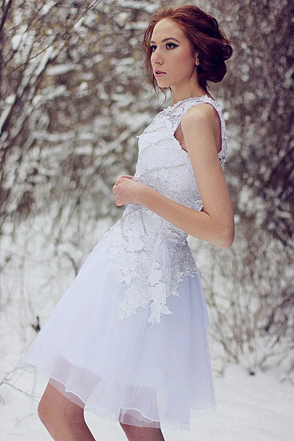 A-line One-shoulder Knee Length Tulle Lace Applique Prom Dress - Image 6