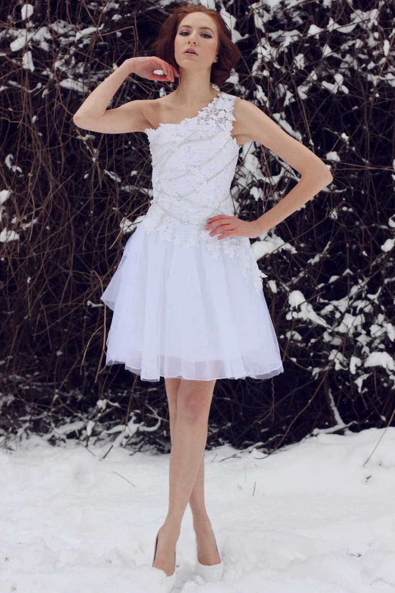 A-line One-shoulder Knee Length Tulle Lace Applique Prom Dress - Image 7