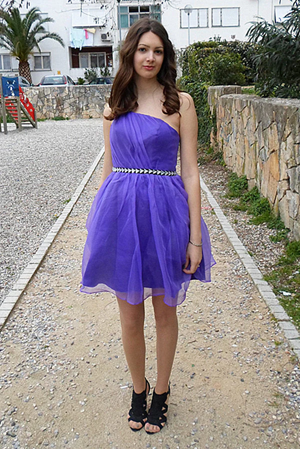 A-line One-shoulder Knee Length Tulle Rhinestone Backless Prom Dress - Image 12