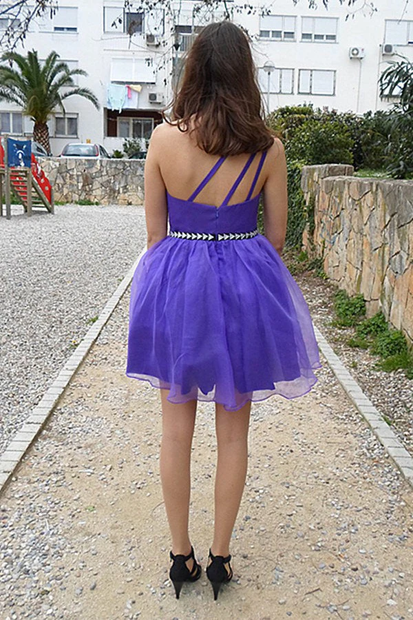 A-line One-shoulder Knee Length Tulle Rhinestone Backless Prom Dress - Image 13