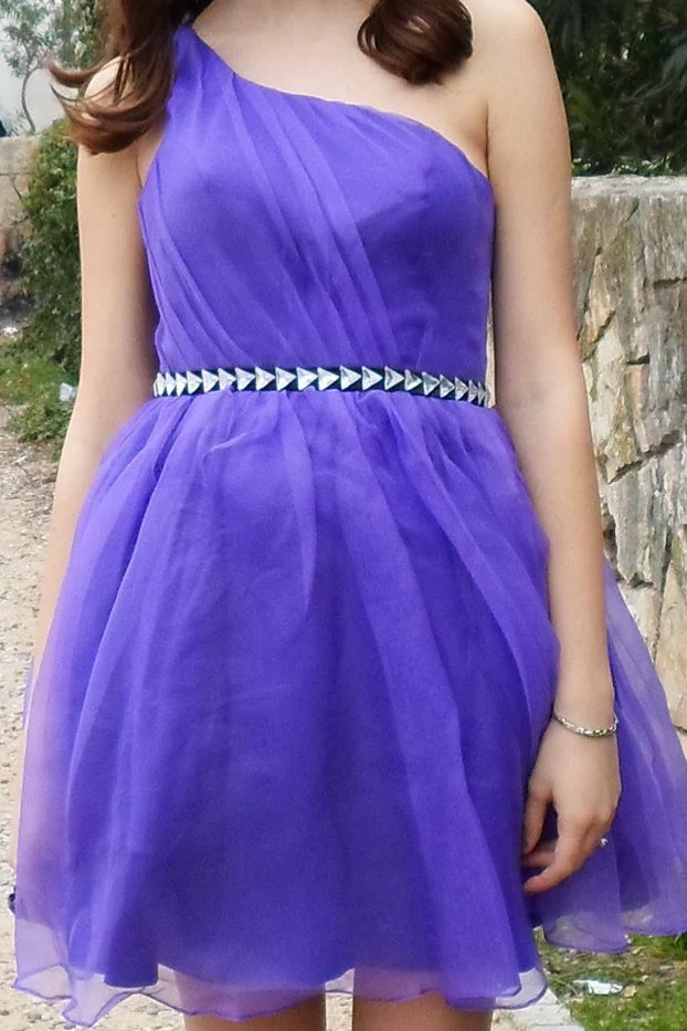 A-line One-shoulder Knee Length Tulle Rhinestone Backless Prom Dress - Image 14