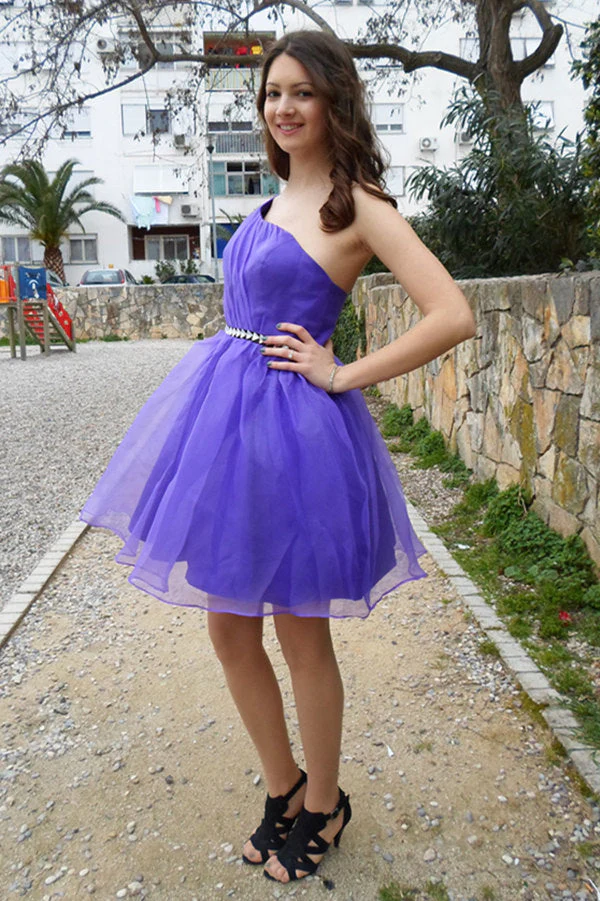 A-line One-shoulder Knee Length Tulle Rhinestone Backless Prom Dress - Image 15