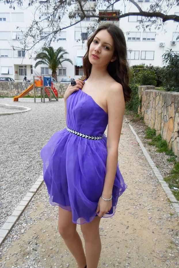 A-line One-shoulder Knee Length Tulle Rhinestone Backless Prom Dress - Image 7