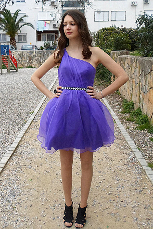 A-line One-shoulder Knee Length Tulle Rhinestone Backless Prom Dress - Image 8