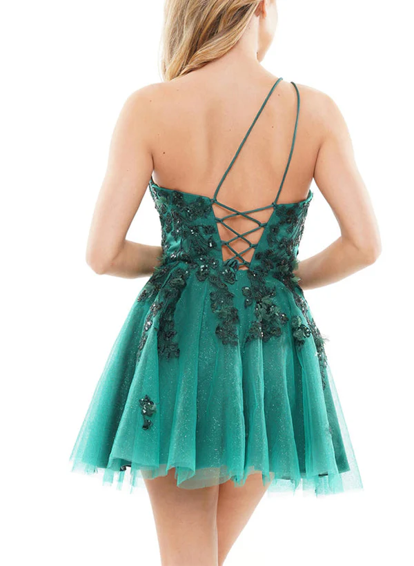 A-Line One-Shoulder Sleeveless Short/Mini Lace/Tulle Homecoming Dresses - Image 2