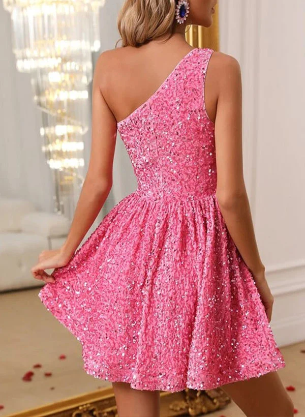 A-Line One-Shoulder Sleeveless Short/Mini Sequined Homecoming Dresses - Image 2